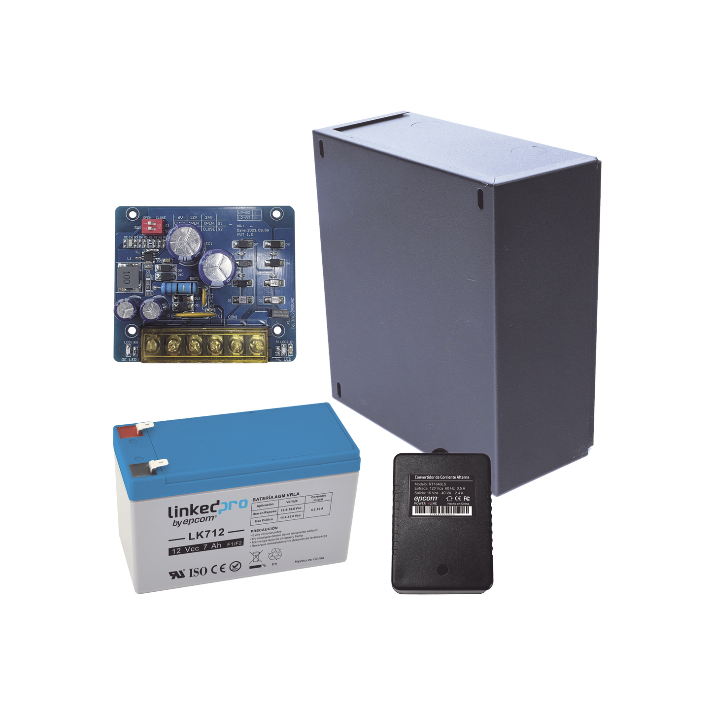 Kit con fuente PLB2 con salida de 12 Vcc a 2.5 Amper, incluye transformador y batería de 12 V a 7 Amper