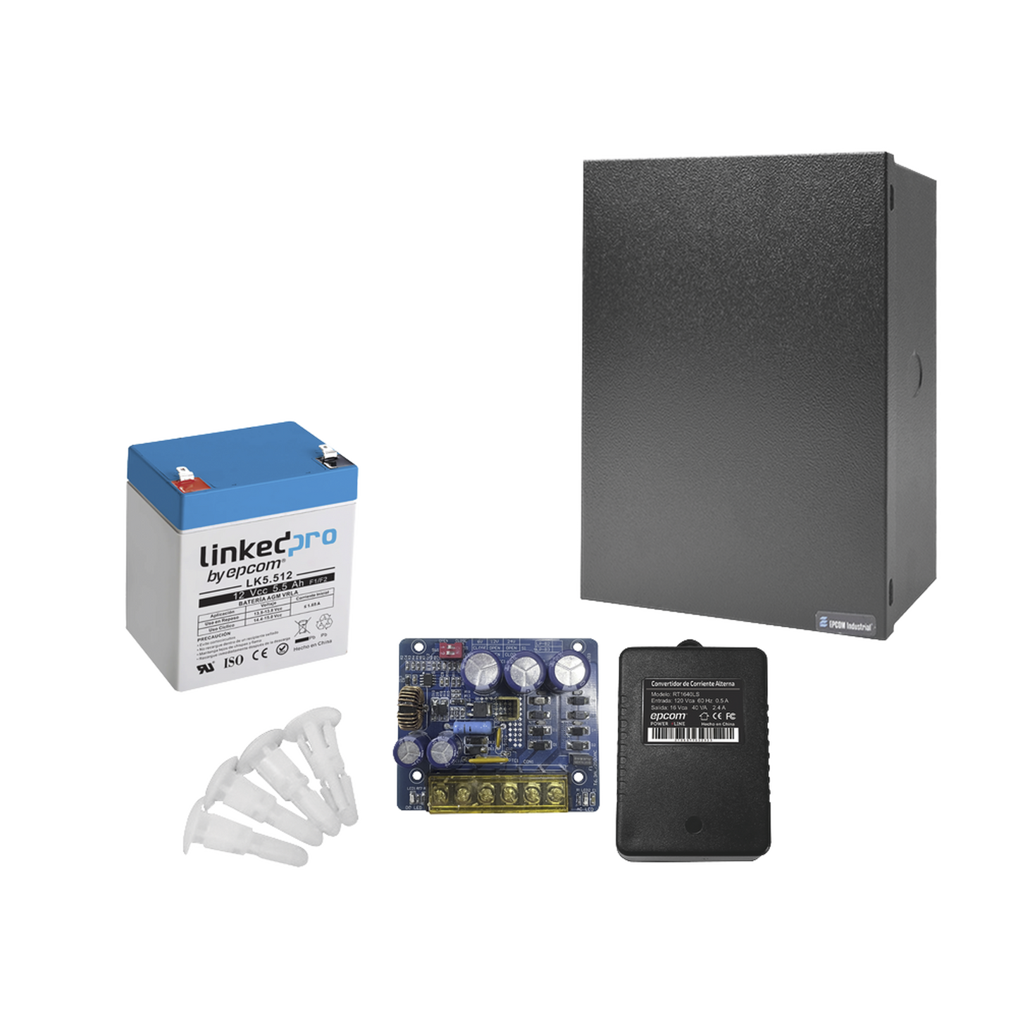 Kit con fuente PLB3 con salida de 12 Vcc a 4 Amper, incluye transformador y batería de 12 V a 5.5 Amper