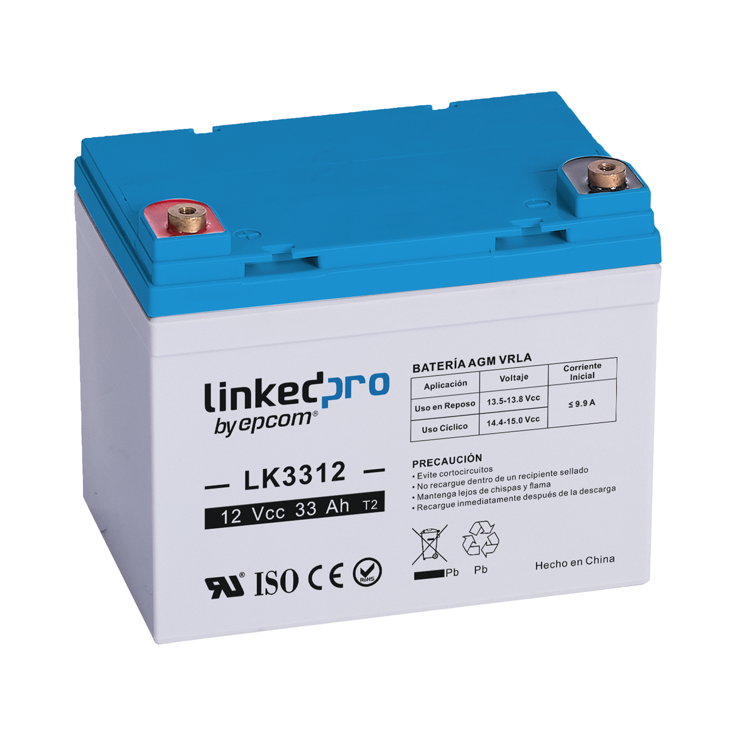 Batería 12 Vcc / 33 Ah / UL / Tecnología AGM-VRLA / Vida útil promedio de 5 años / Para uso en equipo electrónico, Alarmas de Intrusión / Incendio / Control de acceso / Video Vigilancia / Terminales T1 .