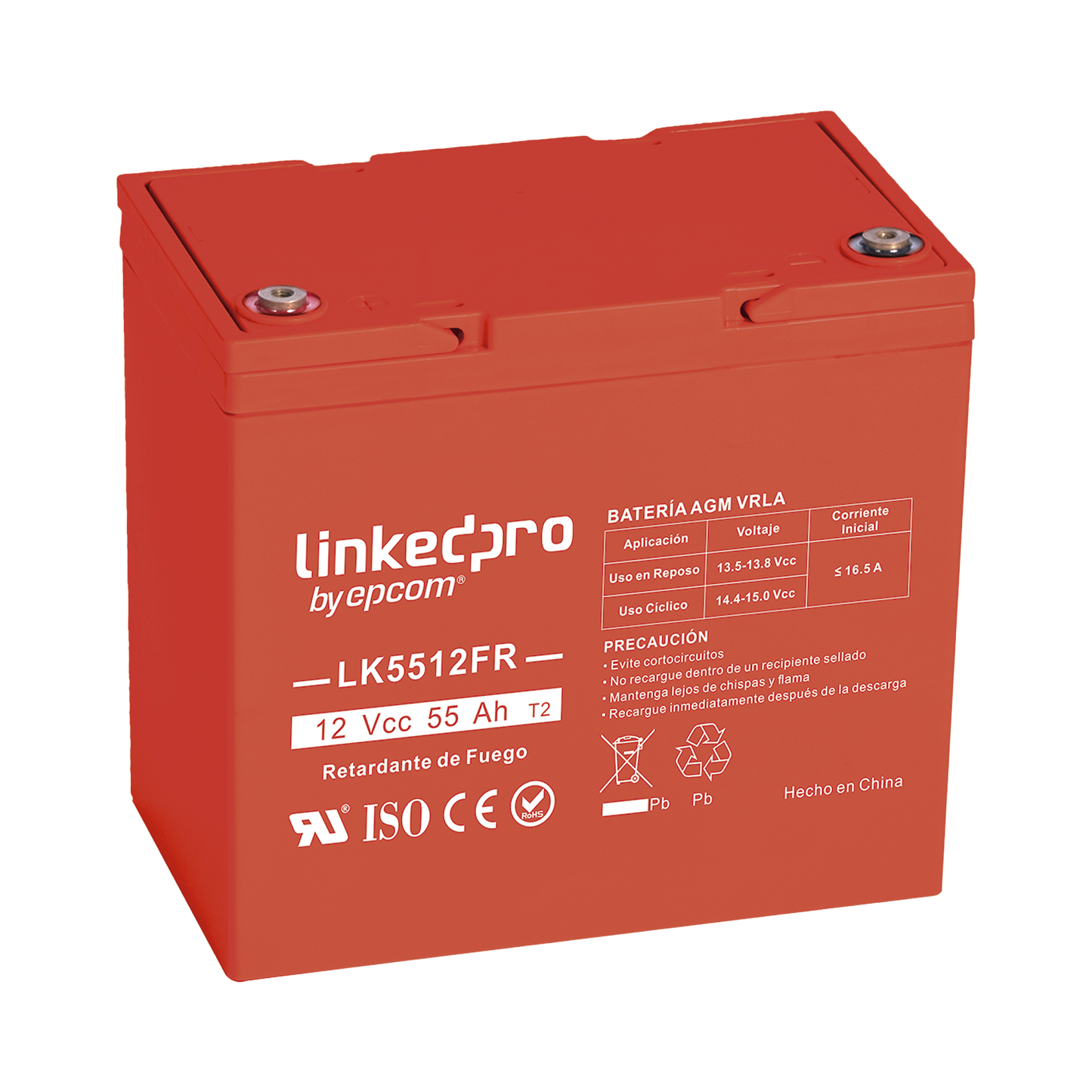 Batería 12 V / 55 Ah / UL / Tecnología AGM-VRLA / Vida útil promedio de 5 años / Retardo a la flama / Para uso en equipo electrónico, Alarmas de Intrusión / Incendio/ Control de acceso / Video Vigilancia / T2