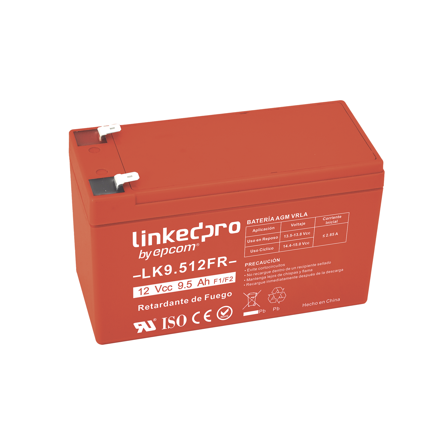 Batería 12 V / 9.5 Ah / UL / Tecnología AGM-VRLA / Vida útil promedio de 5 años / Retardante a la Flama / Uso en equipo electrónico, Alarmas de Intrusión / Incendio/ Control de acceso / Video Vigilancia / Termina