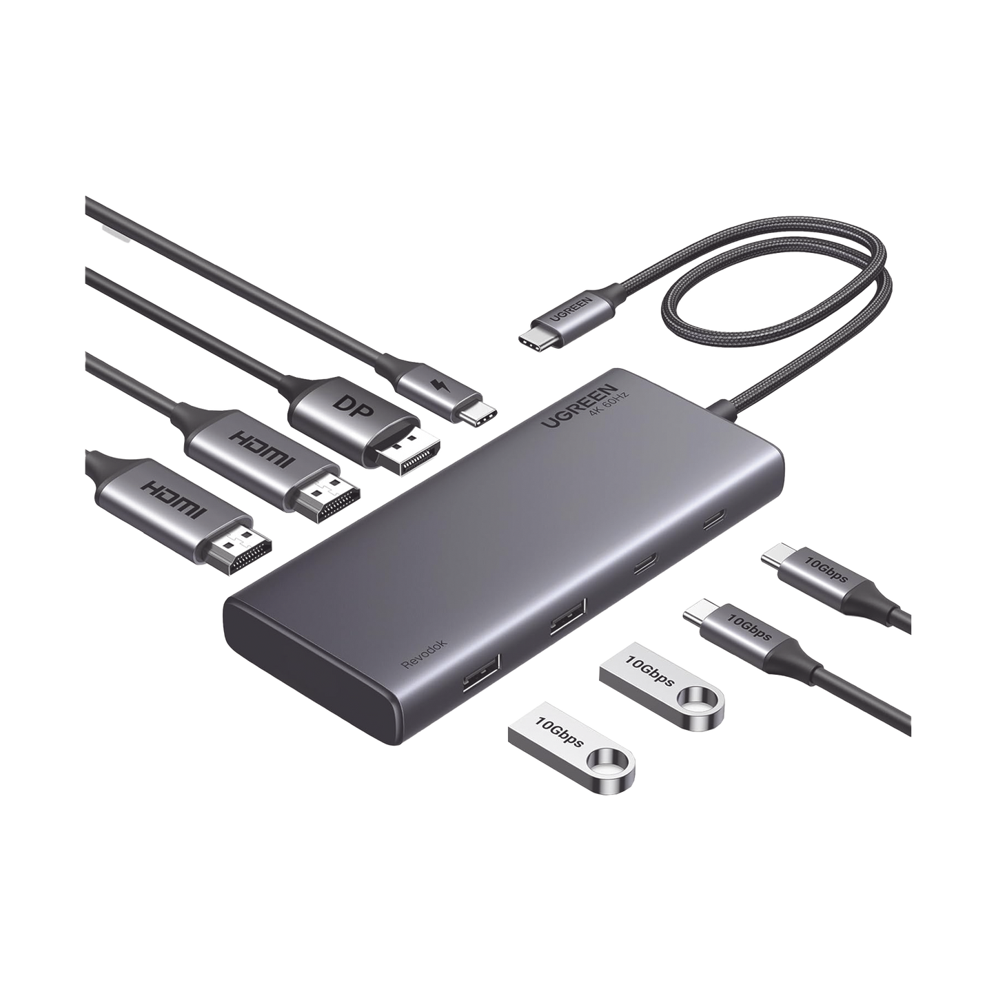 HUB USB-C (Docking Revodok 308) 8 en 1 | 2 Puertos HDMI 4K@60Hz | 1 Puerto DisplayPort 4K@60Hz 2 USB-A 10Gbps) | 2 USB-C (10Gbps) | USB-C PD Carga 100W | Chip de Ultima Generacion | Carcasa de Aluminio.