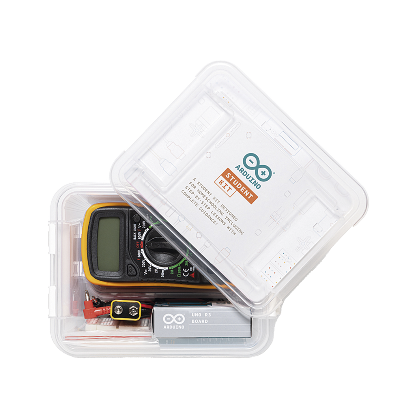 Arduino Student Kit,,Es un completo recurso multilenguaje de aprendizaje diseñado para enseñar los fundamentos de electrónica y programación a estudiantes de 11 años en adelante, sin necesidad de experiencia previa