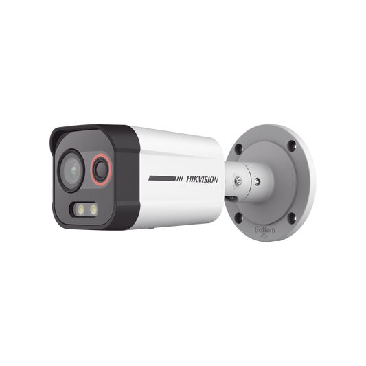 Bala IP Dual / Térmica 1.3 mm (96 x 72) / Óptico 4 mm (4 Megapixel) / Detección de Excepciones de Temperatura 30 mts /30 mts Luz Blanca / Exterior IP67 / PoE / Sirena y Luz Intermitente Integrada / Micro SD / ColorVu y ACUSENSE