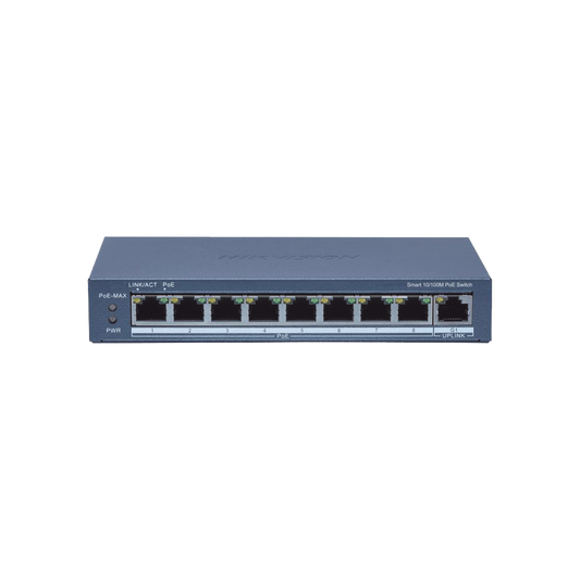Switch Administrable PoE+ / 8 puertos 100 Mbps PoE+ / 1 puerto 1000 Mbps de Uplink / PoE hasta 300 Metros / Conexión Remota desde Hik-ParnerPro / 110 W