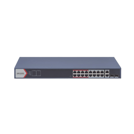 Switch PoE+ / Monitoreable / 16 puertos 10/100 Mbps PoE+ / 2 Puertos 1000 Mbps Uplink / 2 Puertos SFP de Uplink /  Configuración Nube Hik-Partner Pro / Modo Extendido hasta 300 metros / 230 W
