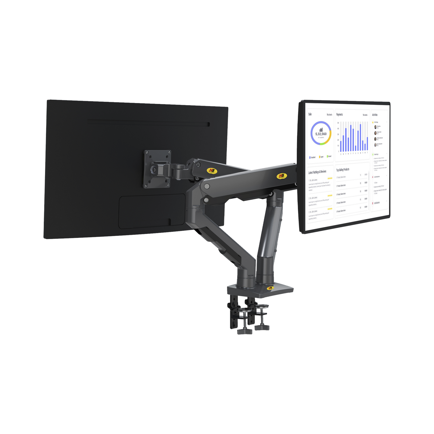 Montaje de Escritorio articulado para 2 monitores de 27-34" /  Soporta hasta 16 kg  por brazo/ Vesa 75 x 75 / 100 x 100 / Acero / Giro: 360°