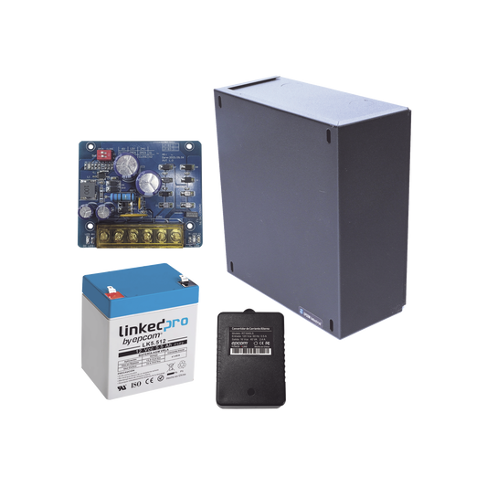 Kit con fuente PLB2 con salida de 12 Vcc a 2.5 Amper, incluye transformador y batería de 12 V a 5.5 Amper