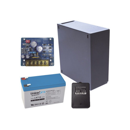 Kit con fuente PLB2 con salida de 12 Vcc a 2.5 Amper, incluye transformador y batería de 12 V a 7 Amper