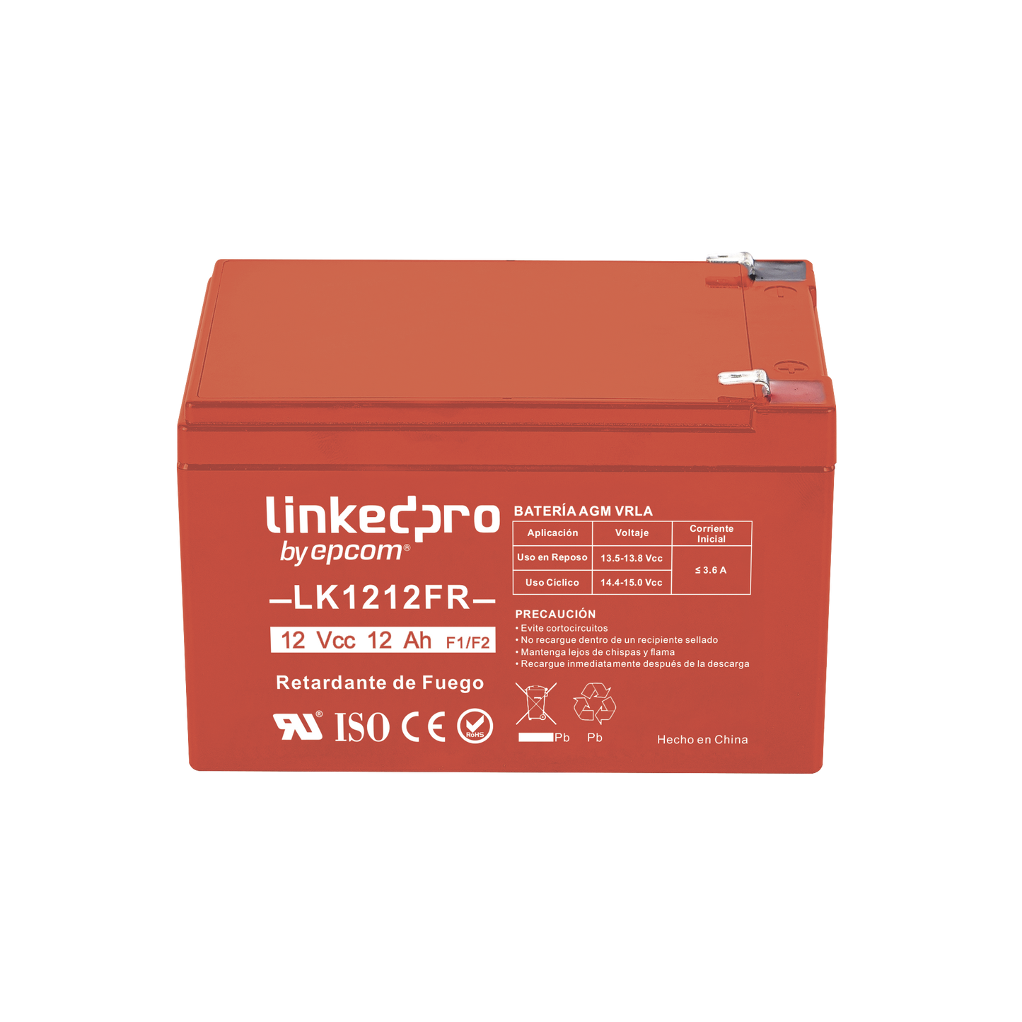 Batería 12 V / 12 Ah / UL / Tecnología AGM-VRLA / Vida útil promedio de 5 aRetardante a la Flama / Uso en equipo electrónico, Alarmas de Intrusión / Incendio / Control de acceso / Video Vigilancia / Terminales F1 ( Inclu
