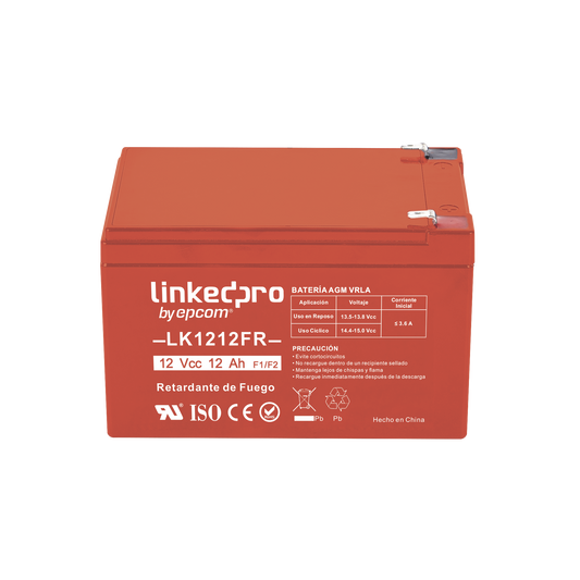 Batería 12 V / 12 Ah / UL / Tecnología AGM-VRLA / Vida útil promedio de 5 aRetardante a la Flama / Uso en equipo electrónico, Alarmas de Intrusión / Incendio / Control de acceso / Video Vigilancia / Terminales F1 ( Inclu