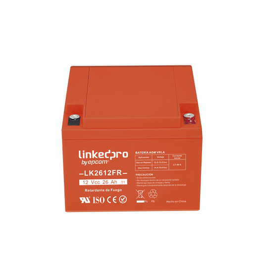 Batería 12 V / 26 Ah / UL / Tecnología AGM-VRLA / Vida útil promedio de 5 años / Retardante a la Flama / Para uso en equipo electrónico, Alarmas de Intrusión / Incendio/ Control de acceso / Video Vigilancia / Term