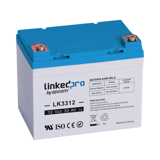 Batería 12 Vcc / 33 Ah / UL / Tecnología AGM-VRLA / Vida útil promedio de 5 años / Para uso en equipo electrónico, Alarmas de Intrusión / Incendio / Control de acceso / Video Vigilancia / Terminales T1 .