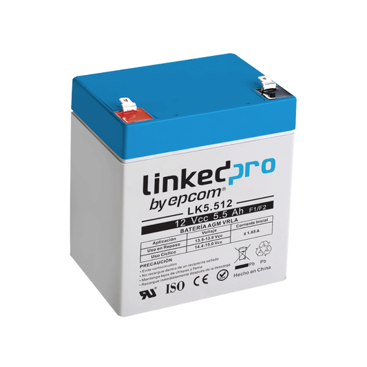 Batería 12 Vcc / 5.5 Ah / UL / Vida útil promedio 5 años / Tecnología AGM-VRLA / Para uso en equipo electrónico, Alarmas de Intrusión / Incendio/ Control de acceso / Video Vigilancia / Terminales F1 ( Incluye adap
