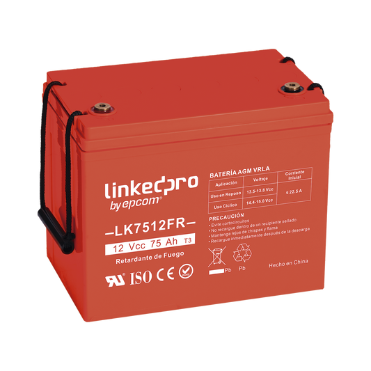 Batería 12 V / 75 Ah / UL / Tecnología AGM-VRLA / Vida útil promedio de 5 años / Retardo a la flama / Para uso en equipo electrónico, Alarmas de Intrusión / Incendio/ Control de acceso / Video Vigilancia / T2