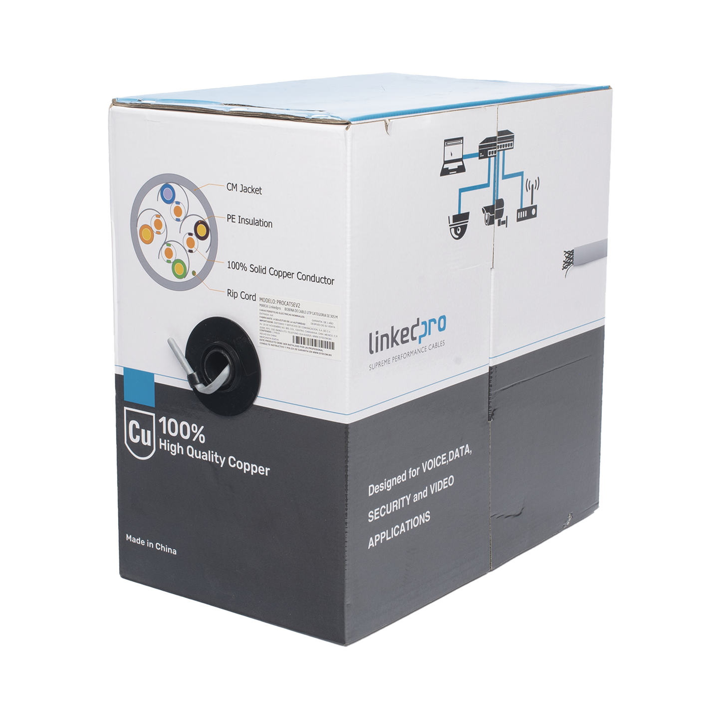 Bobina de cable de 305 m, ( 1000 ft ), Cat5e, alto desempeño, de color Gris, UL, para aplicaciones en video vigilancia, redes de datos. Uso Interior