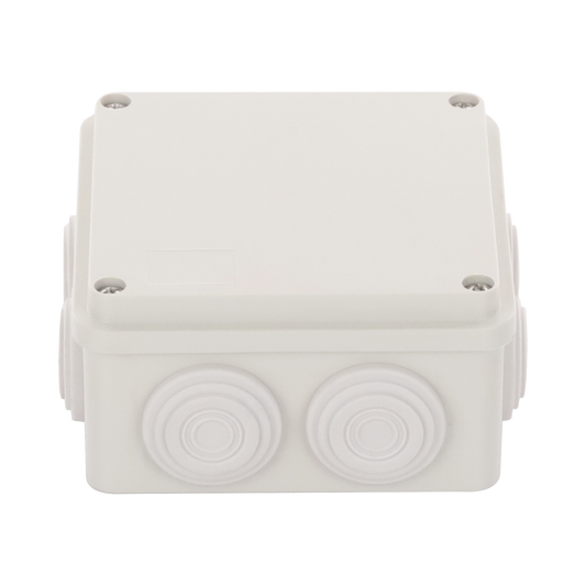 Caja Derivación-Conexión de Plástico (100 X 100 X 54 mm) con 7 Glándulas de Goma. Para Instalaciones Comerciales, Residenciales e Industriales. Incluye Tornillería para su Tapa.