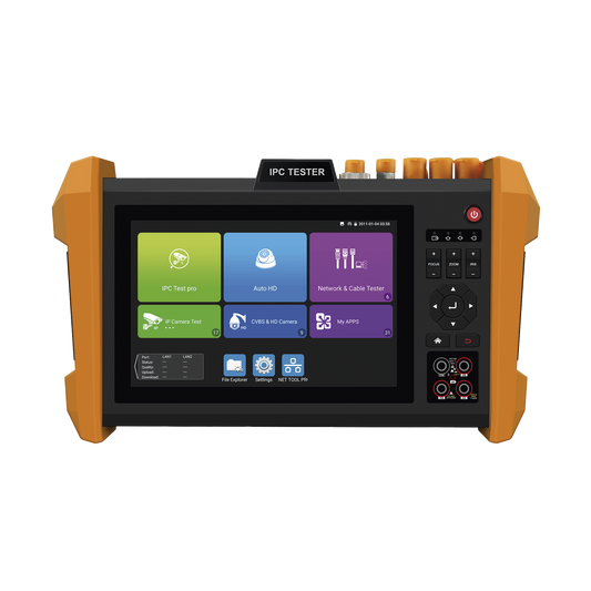 Probador de Vídeo con Pantalla LCD de 7" para IP ONVIF / 8MP TVI + 8MP CVI + 8MP AHD + SDI/EXâ?�SDI + Multímetro + Cable TDR / Prueba de Red de Fibra Óptica + Medidor de Distancia Laser + Cámara Integrada